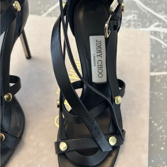 Jimmy Choo Motoko 100 Black/Gold Strappy Heels with studs - Picture 2 of 5